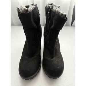Black Faux Suede Ankle‎ Boots Chunky Heel Side Zip Knit Cuff Women's Size 10